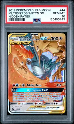 2019 POKEMON SUN & MOON HIDDEN FATES #44 MOLTRES & ZAPDOS & ARTICUNO GX PSA 10 - Image 1