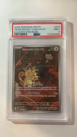 2025 POKEMON DRI EN-DESTINED RIVALS ILLUSTRATION RARE TEAM ROCKET'S MEOWTH PSA 9 - Image 1