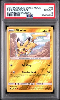 2017 POKEMON SUN & MOON BURNING SHADOWS #40 PIKACHU-REVERSE FOIL PSA 8 - Image 1