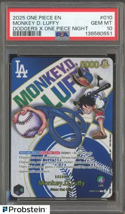 2025 One Piece EN Dodgers X One Piece Night #010 Monkey D. Luffy PSA 10 GEM MINT - Image 1