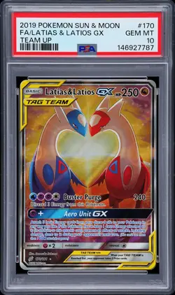 2019 POKEMON SUN & MOON TEAM UP #170 FA/LATIAS & LATIOS GX PSA 10 - Image 1