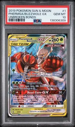 2019 POKEMON SUN & MOON UNBROKEN BONDS #1 PHEROMOSA & BUZZWOLE GX PSA 10 - Image 1