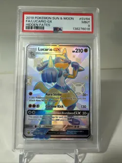 2019 POKEMON SUN & MOON HIDDEN FATES #SV64 FULL ART/LUCARIO GX PSA 9 - Image 1
