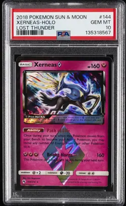 2018 POKEMON SUN & MOON LOST THUNDER #144 XERNEAS-HOLO PSA 10 - Image 1