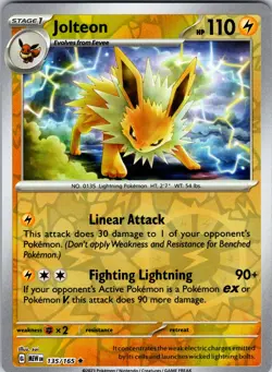 Jolteon 135/165 SV: Scarlet & Violet 151 Pokemon NM/LP Reverse Holofoil - Image 1