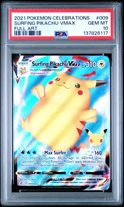 2021 POKEMON CELEBRATIONS #009 FULL ART/SURFING PIKACHU VMAX PSA 10 - Image 1