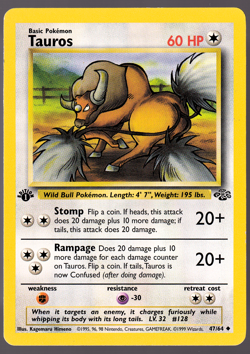 Tauros 47/64 1st Edition Jungle Pokemon Card 1999 NM - Image 1