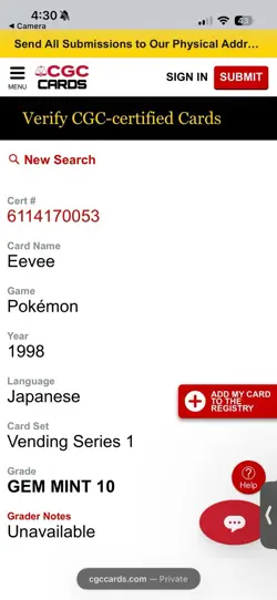 CGC 10 Gem Mint Eevee No. 133 Vending Series 1 JPN Pokemon OLD BACK - Image 4