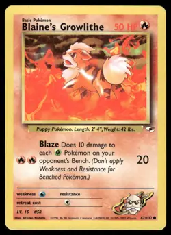 Pokemon Cards Blaine's Growlithe 62/132 Unlimited Gym Heroes WOTC Common LP - Image 1