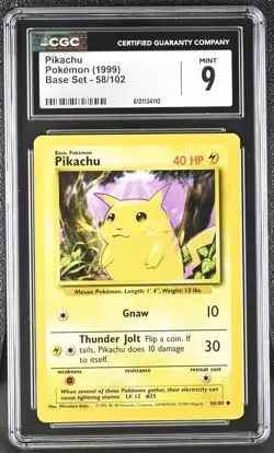 CGC 9 MINT Pikachu 1999 Base Set 58/102 Pokemon Card - Image 1
