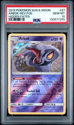 2019 POKEMON SUN & MOON HIDDEN FATES #27 ARBOK-REVERSE FOIL PSA 10 - Image 1