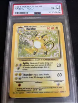 1999 Pokemon Game Raichu Holo Base Set PSA 6 #14 Excellent - Mint - Image 1