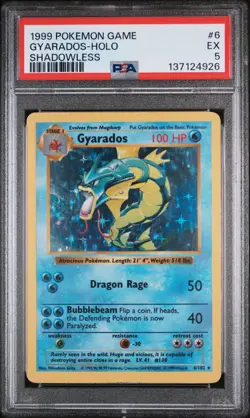 1999 POKEMON BASE SET SHADOWLESS #6 GYARADOS-HOLO PSA 5 - Image 1