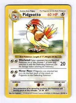 Pidgeotto Base Set (Shadowless) #022 (1998) Rare NM Pokemon - Image 1