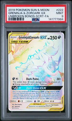2019 POKEMON SUN & MOON UNBROKEN BONDS #222 FULL ART/GRENINJA & ZOROARK GX PSA 9 - Image 1