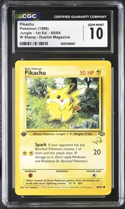 CGC 10 GEM MINT Pikachu 1999 Jungle 1st Edition 60/64 W Stamp Pokemon Card - Image 1