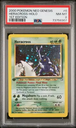 Pokemon TCG Heracross Neo Genesis 2000 6 Holo 1st Edition Holo Rare PSA 8 NM-MT - Image 1
