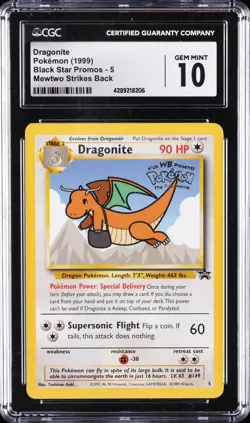 1999 POKEMON BLACK STAR PROMOS MEWTWO STRIKES BACK #5 DRAGONITE CGC 10 GEM MINT - Image 1