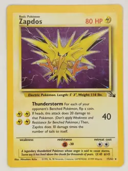 Pokemon TCG Zapdos Holo Rare Card 15/62 Fossil Base Set, Vintage 1999 - Image 1