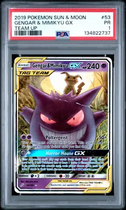 2019 POKEMON SUN & MOON TEAM UP #53 GENGAR & MIMIKYU GX PSA 1 - Image 1