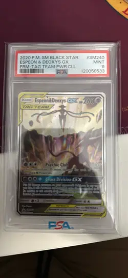 2020 POKEMON SM BSP #SM240 ESPEON & DEOXYS GX PRM-TAG TEAM PWR.CLL. PSA 9 - Image 1