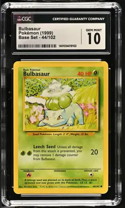 CGC 10 Bulbasaur 44/102 Base Set Pokemon 1999 - Image 1