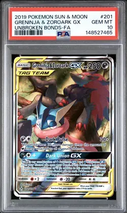2019 Pokemon Sun & Moon 201 Greninja & Zoroark GX Unbroken Bonds Gem Mint PSA 10 - Image 1