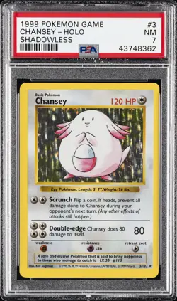1999 POKEMON BASE SET SHADOWLESS #3 CHANSEY-HOLO PSA 7 - Image 1