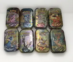 POKEMON TCG SCARLET & VIOLET PRISMATIC EVOLUTIONS MINI TIN X8 FULL ART SET *NEW* - Image 1