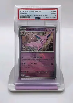ESPEON 2025 POKEMON PRISMATIC MASTER BALL REVERSE HOLO RARE 33/131 PSA 9 - Image 1