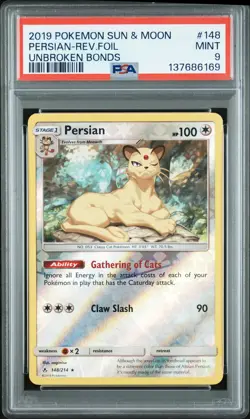 2019 POKEMON SUN & MOON UNBROKEN BONDS #148 PERSIAN-REVERSE FOIL PSA 9 - Image 1