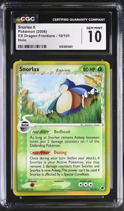 CGC 10 GEM MINT Snorlax 2006 EX Dragon Frontiers 10/101 Holo Pokemon Card - Image 1