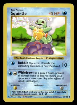Pokemon TCG Base Set (Shadowless) #63/102 Squirtle NM - Image 1