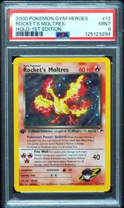 1st Edition Rocket's Moltres 12/132 PSA 9 Gym Heroes Pokemon Card, New Cert! - Image 1