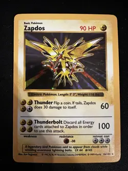 Pokemon TCG Zapdos 16/102 Base Set Shadowless Holo Rare - Image 1