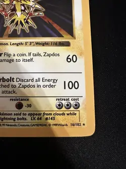 Pokemon TCG Zapdos 16/102 Base Set Shadowless Holo Rare - Image 5