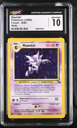 CGC 10 GEM MINT Haunter 1999 Fossil 6/62 Holo Pokemon Card - Image 1