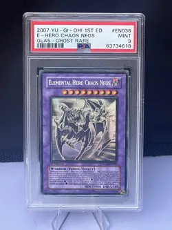 PSA 9 Mint - Elemental Hero Chaos Neos GLAS-EN036 1st Edition Ghost Rare YuGiOh - Image 1