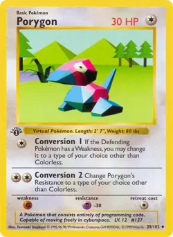 Porygon - 39/102 - Uncommon - Shadowless TCG Pokemon - Image 1