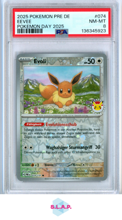 EEVEE POKEMON DAY 2025 POKEMON GERMAN PRE DE-PRISMATIC EVOLUTIONS 2025 074 PSA 8 - Image 1