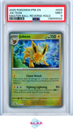 JOLTEON MASTER BALL REVERSE HOLO POKEMON PRE EN-PRISMATIC EVOL 2025 029 PSA 9 - Image 1