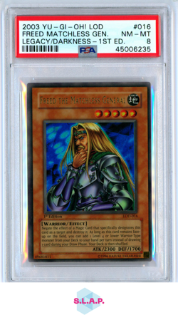 FREED/MATCHLESS GNRL. LEGACY OF DARKNESS-1ST ED. 2003 YU-GI-OH! LOD-LE 016 PSA 8 - Image 1