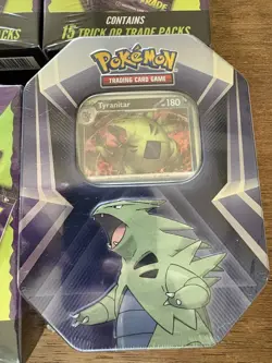 Factory Sealed Pokemon TCG - Tyranitar Tin + 3 Halogen Hanger Boxes - Image 2