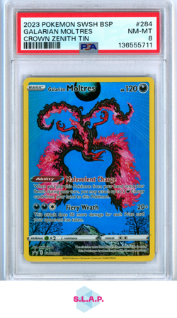 GALARIAN MOLTRES CROWN ZENITH TIN POKEMON SWSH BLACK STAR PROMO 2023 284 PSA 8 - Image 1