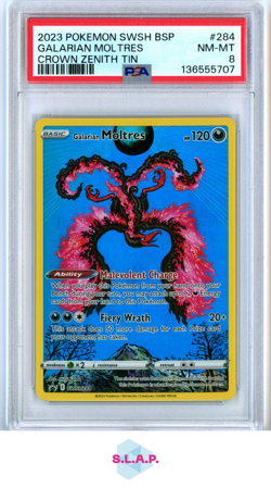 GALARIAN MOLTRES CROWN ZENITH TIN POKEMON SWSH BLACK STAR PROMO 2023 284 PSA 8 - Image 1