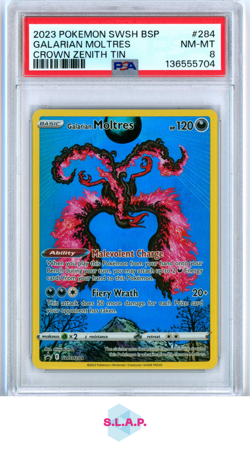 GALARIAN MOLTRES CROWN ZENITH TIN POKEMON SWSH BLACK STAR PROMO 2023 284 PSA 8 - Image 1