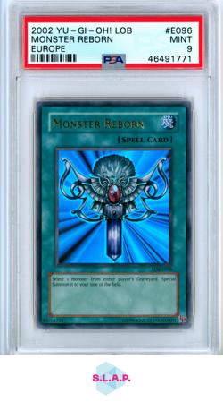 MONSTER REBORN EUROPE YU-GI-OH! LOB-LEGEND OF BLUE EYES WHITE DR 2002 E096 PSA 9 - Image 1