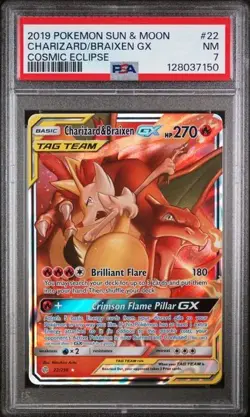 Pokemon Charizard and Braixen GX Cosmic Eclipse 22 PSA 7 - Image 1