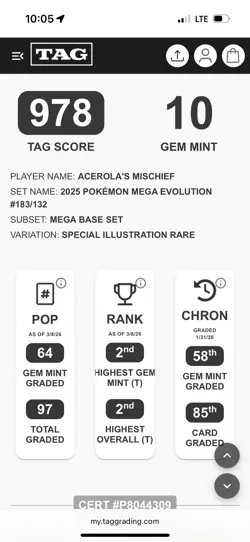 Pokemon Mega Evolution ACEROLA'S MISCHIEF SIR "TAG 10" GEM MINT - Image 2