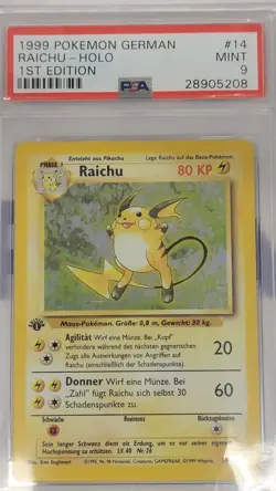 RAICHU-HOLO BASE SET 1ST EDITION POKEMON GERMAN 1999 14 PSA 9 - Image 1